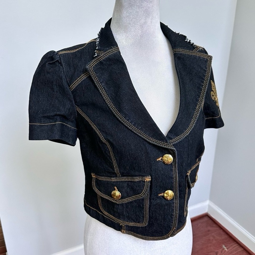 BISOU BISOU Dark Denim Gold Hardware Button Up Cropped Sexy Top Jacket Small - Picture 11 of 12
